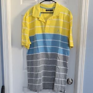 Nautica Men's Polo Shirt in Yellow, Blue, and Gray Stripes